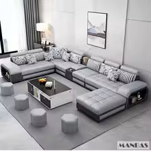 Linlamim Fabric Sofa Set Furniture Living Room Sofa Set with USB and Stools / Big U Shape Cloth Couch Sofas for Home Furniture