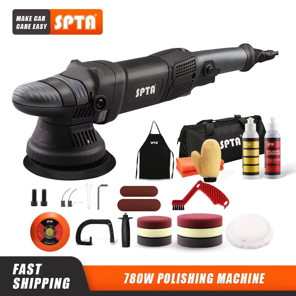 SPTA 5 Inch 780W Dual Action Car Polisher Auto Orbit 15mm Polishing Machine with Sponge Pads Accessories for Vehicle Buffing