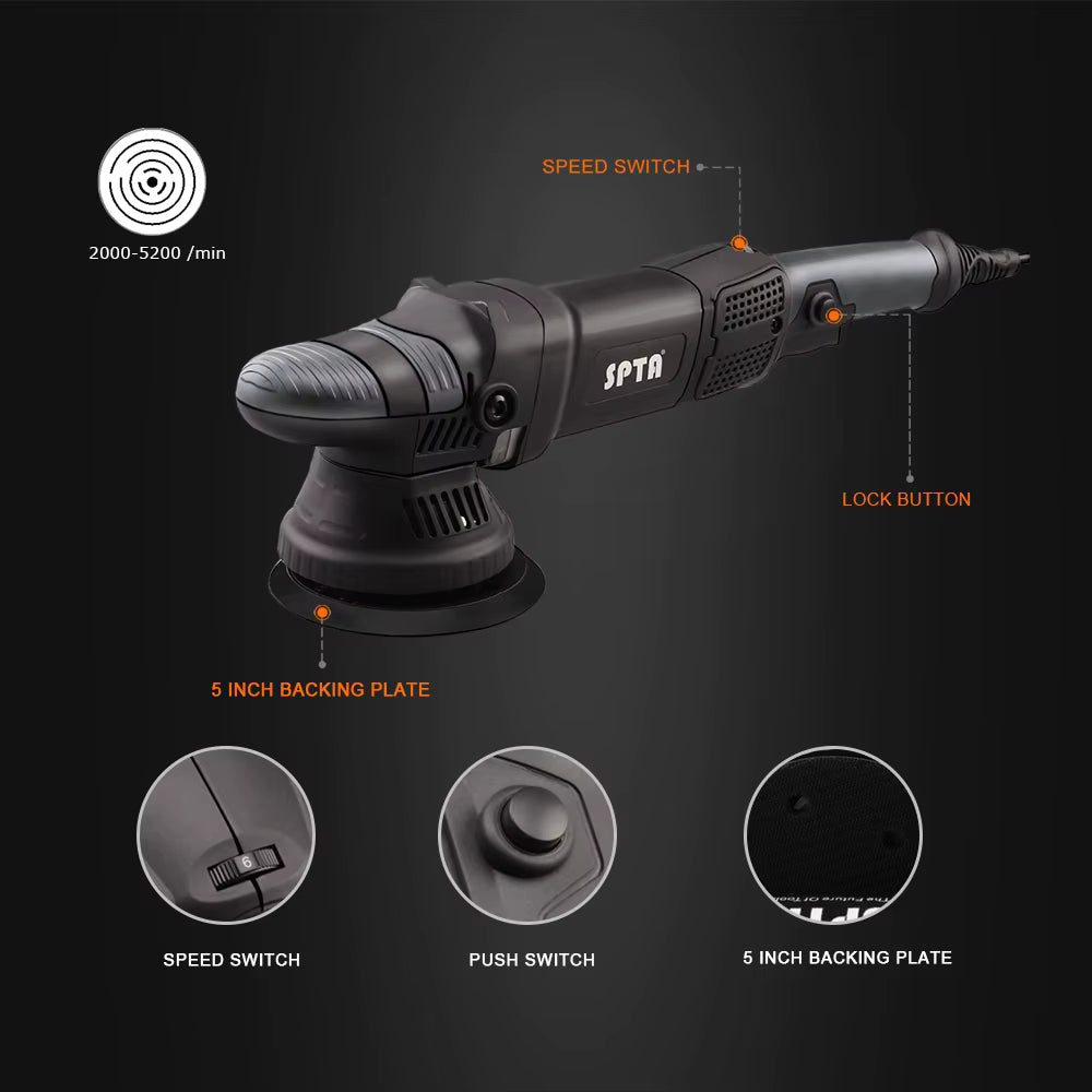 SPTA 5 Inch 780W Dual Action Car Polisher Auto Orbit 15mm Polishing Machine with Sponge Pads Accessories for Vehicle Buffing